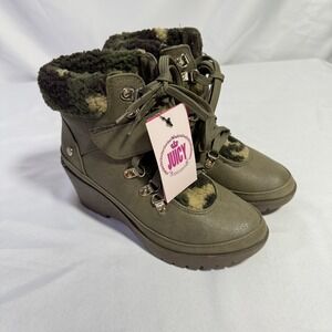 NWT Juicy Courture Camouflage Olive Green Wedge Ankle‎ Boots Size 7